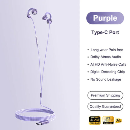 NEW Clip-on Type C&3.5mm Wired Headphones HIFI Sound Sports Earbuds Handfree Gaming Headsets With HD Mic Earphones For Samsung