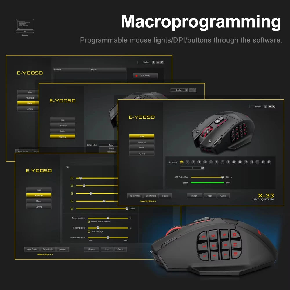 E-YOOSO RGB USB 2.4G Wired Gaming Mouse X-33 16000DPI 18 Buttons Programmable Backlight Game Mice Suitable for Desktop Laptop PC