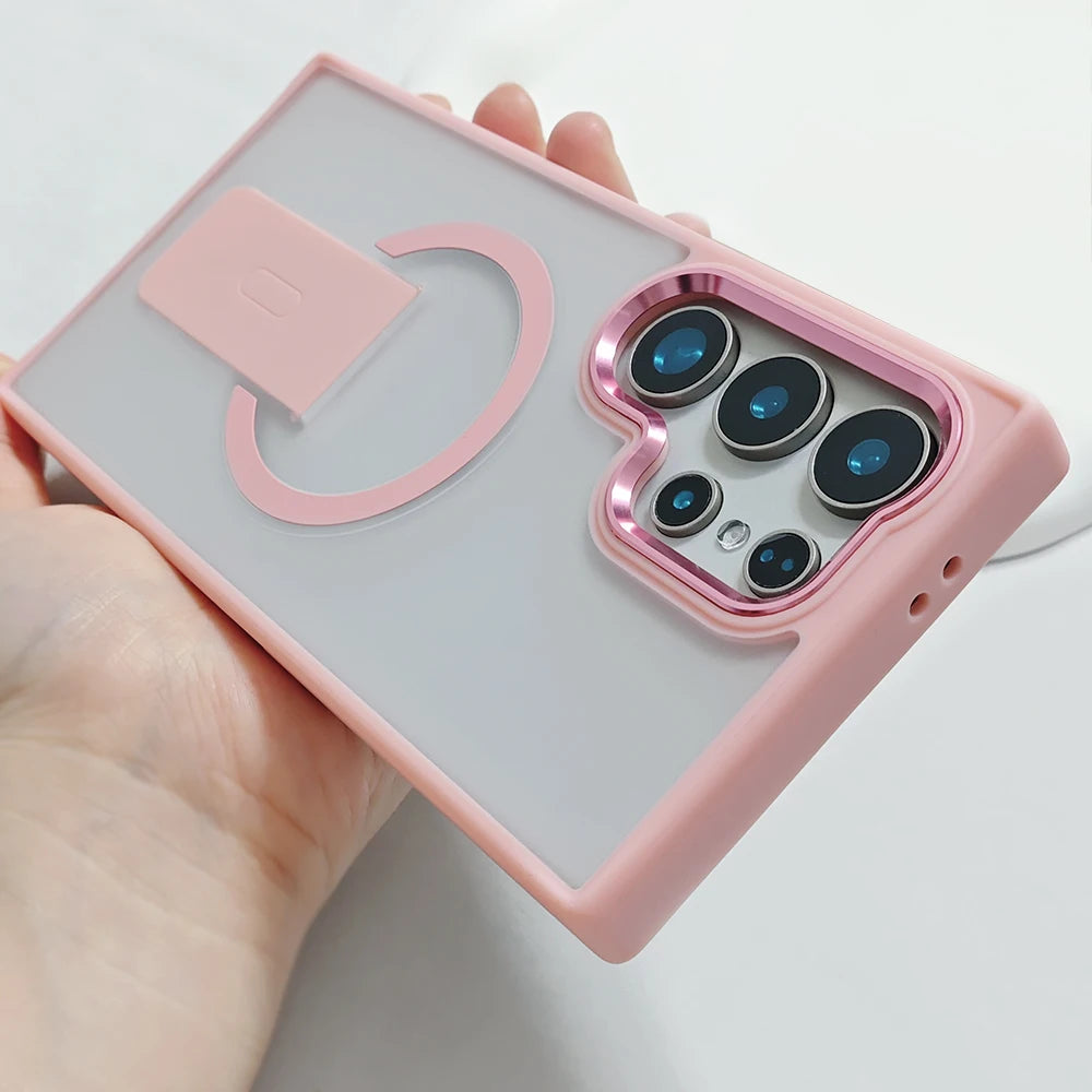 Luxury Magnetic Wireless Charge For Magsafe Case For Samsung Galaxy S25 S23 Ultra S24 Plus FE Folding Stand Holder Matte Cover