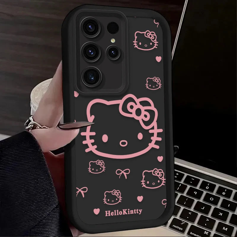 Pink Line Hello Kitty Case For Samsung Galaxy S23 S24 S25 Ultra S22 S21 Plus FE A56 A36 A26 A16 A06 A15 A25 A35 A55 5G Soft Etui