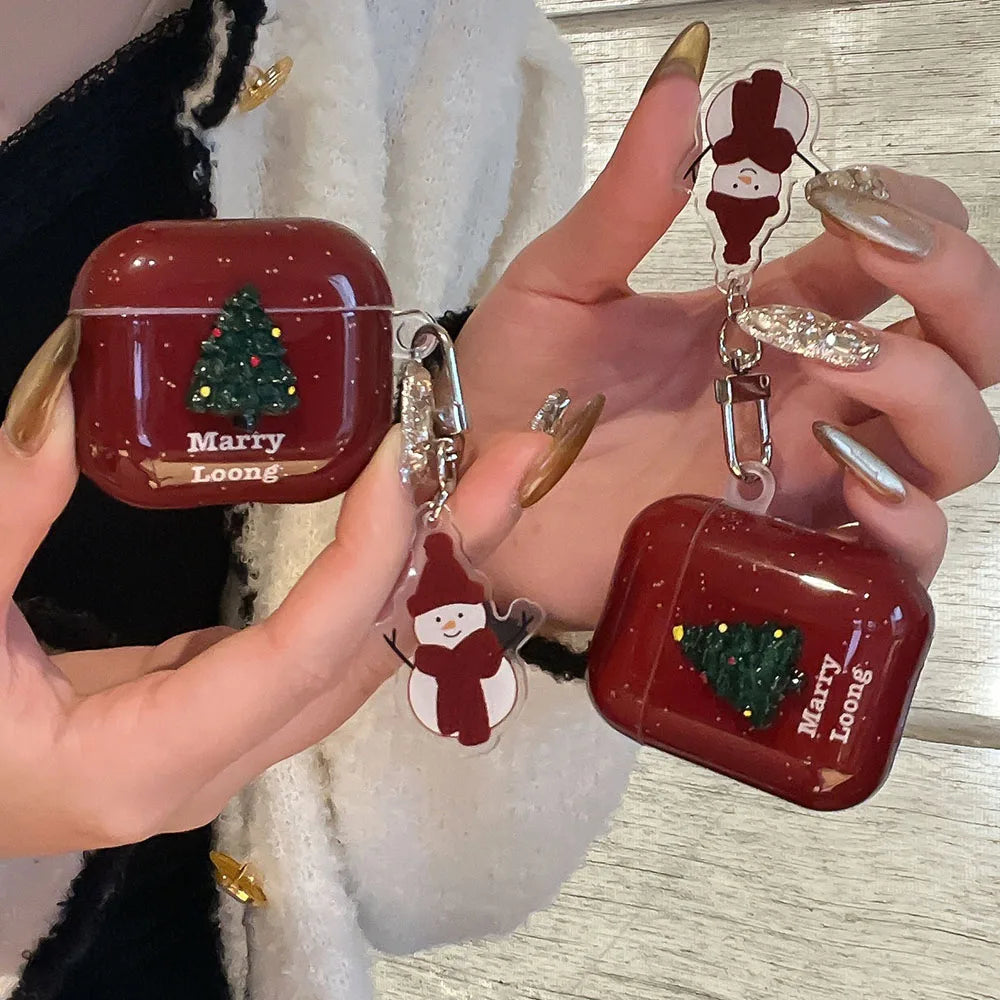 Merry Christmas Tree New Year Soft Cover For AirPods 4 ANC AirPods 1 2 3 Pro 2 Protective Case With Snowman Keychain Xmas Gift