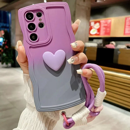 Love Heart Gradient Wrist Strap Case For Samsung Galaxy S25 Ultra S24 FE S23 S21 S20 S22 Plus Note 20 A55 A535 A25 A15 5G A05s