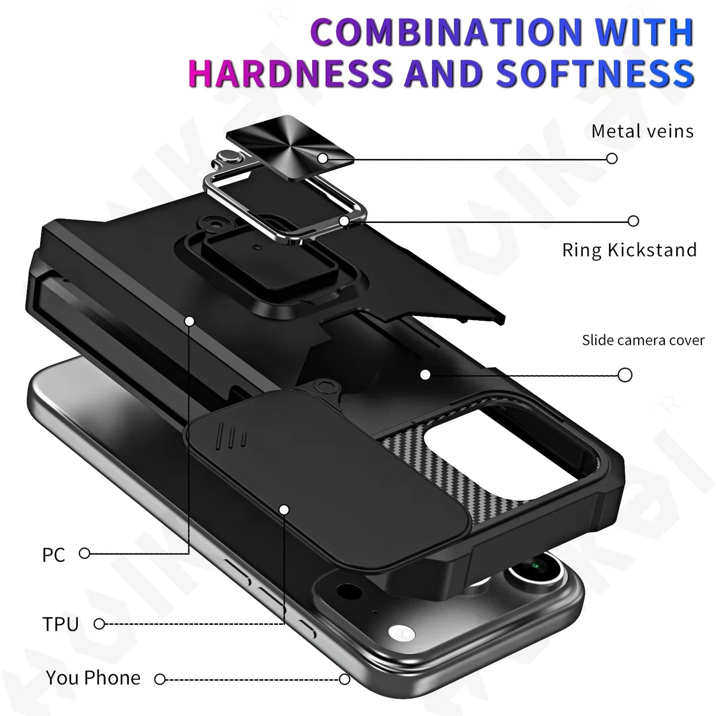 Case For iPhone 17 16 15 14 13 12 11  Pro Max XS Plus Slide Camera Card Holder Slot Duty Wallet Protective With Ring Stand Cover