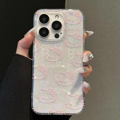 Lovely Hello Kitty Bow Kawaii Holder Phone Case For iPhone 16 15 14 12 13 11 Pro Max XR XS MAX 7 8 PLUS MINI Y2K Bow Laser Cover