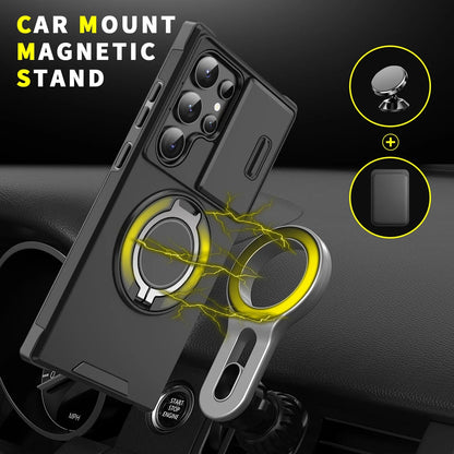 Armor Magnetic Bracket Case For Samsung Galaxy S25 S24 S23 S22 S21 Ultra Plus With Lanyard Slide Camera Protect Shockproof Cover