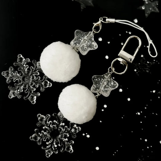 Christmas Mobile Phone Straps Clear Snowflower Fur Ball Keychains Winter Bead Cellphone Lanyard Camera Schoolbag Decor Jewelry