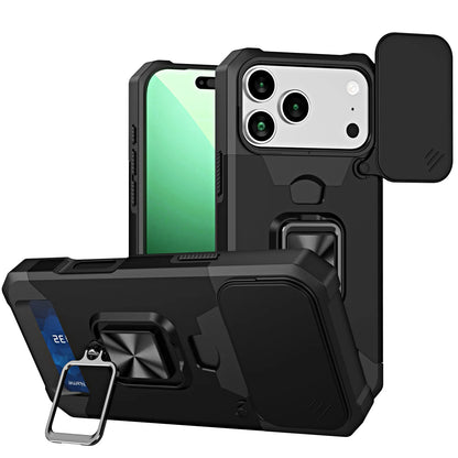 Case For iPhone 17 16 15 14 13 12 11  Pro Max XS Plus Slide Camera Card Holder Slot Duty Wallet Protective With Ring Stand Cover
