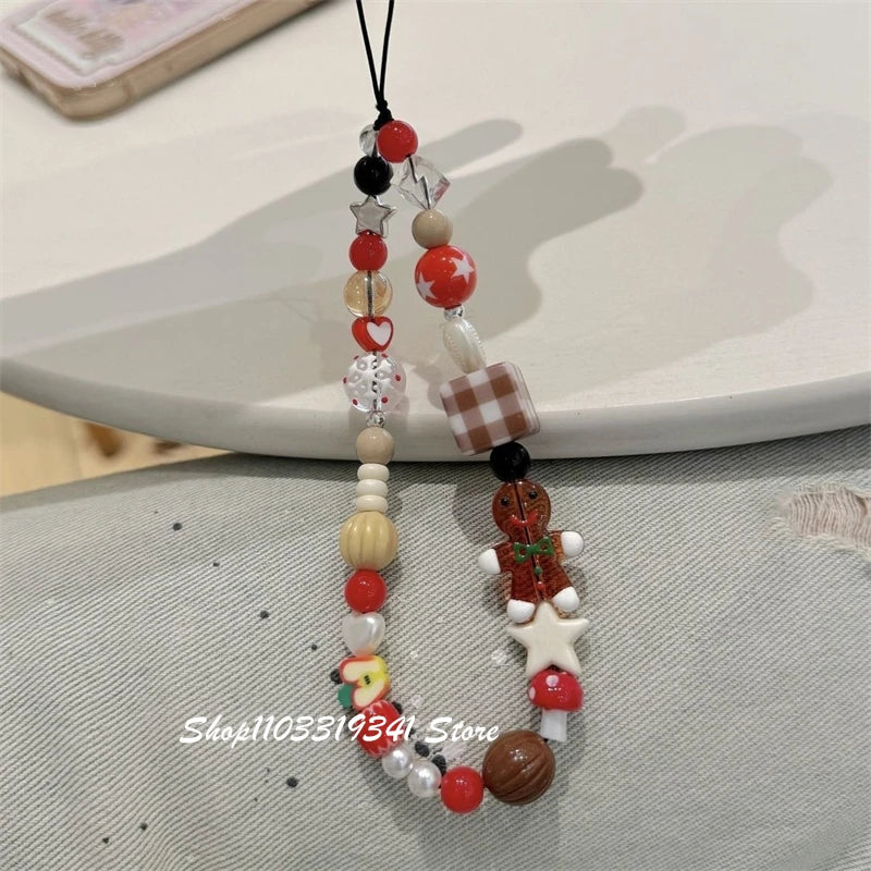 Cute Christmas Cookie Man Beaded Phone Charm Chain For Phone Case Phone Straps Accessories Anti-Lost Keychain Lanyard Girl Gift