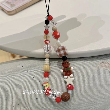 Cute Christmas Cookie Man Beaded Phone Charm Chain For Phone Case Phone Straps Accessories Anti-Lost Keychain Lanyard Girl Gift