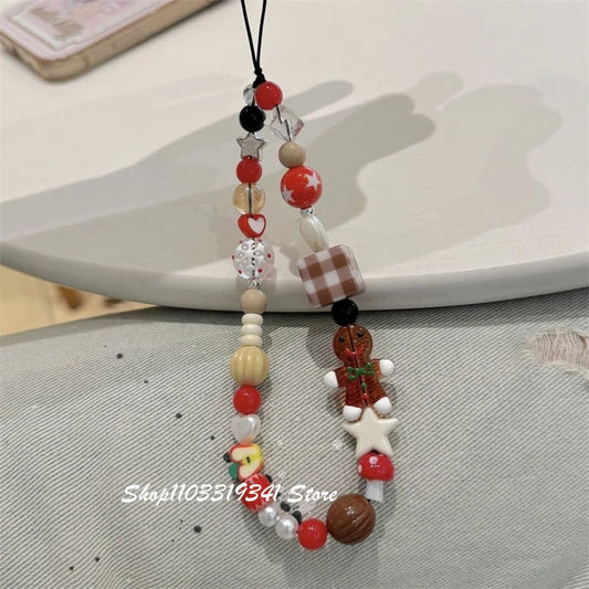 Cute Christmas Cookie Man Beaded Phone Charm Chain For Phone Case Phone Straps Accessories Anti-Lost Keychain Lanyard Girl Gift