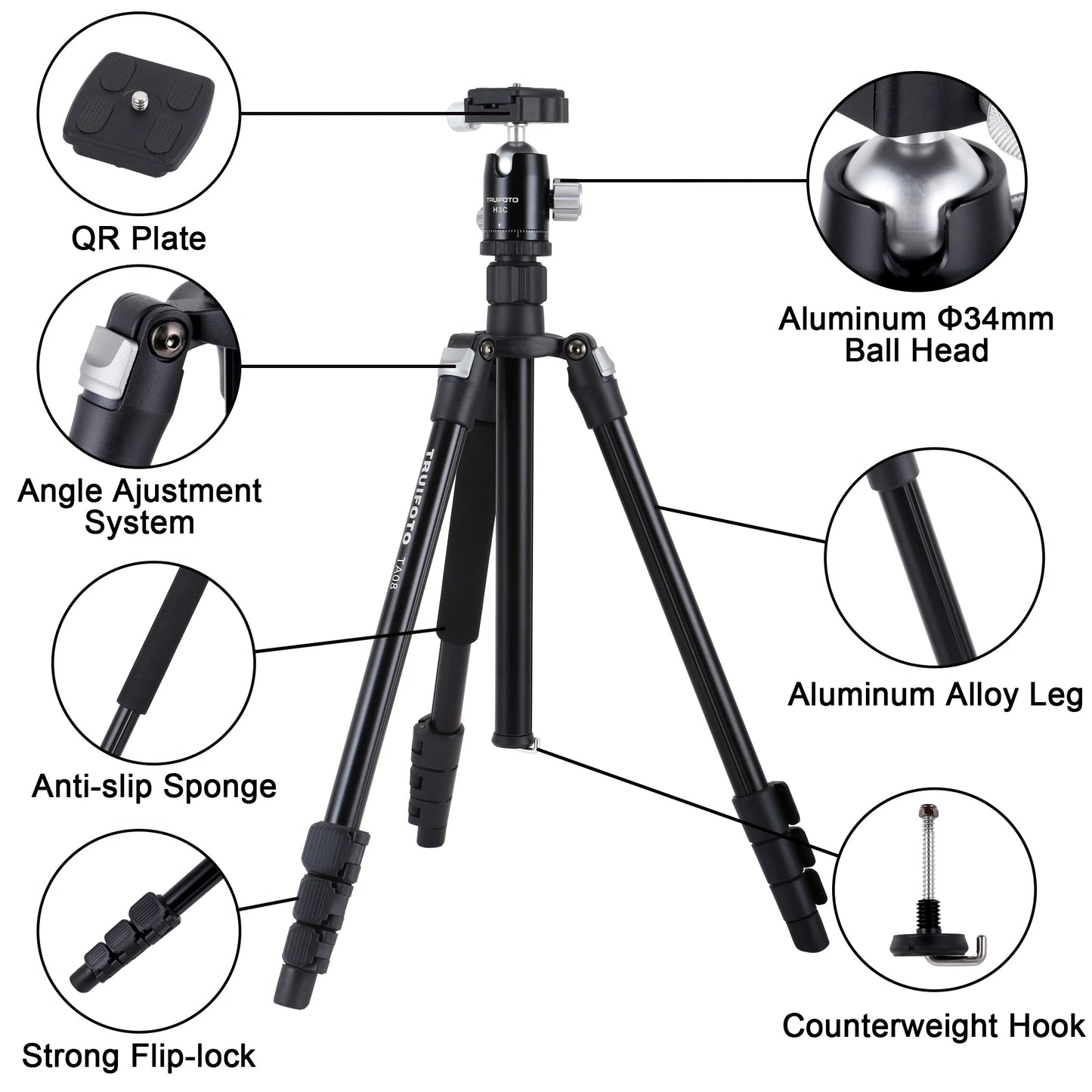 Photography tripod for digital SLR cameras, compatible with macro photography, portable travel tripod with inverted center post