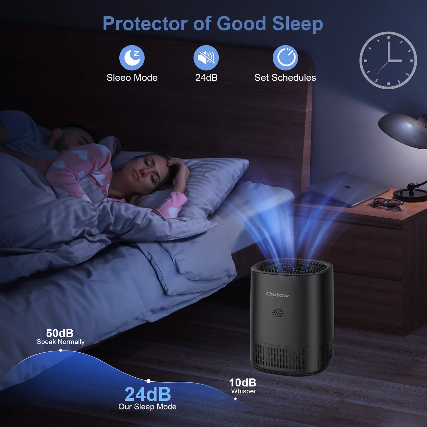 Smart Air Purifier for Home CADR 250m³/h for 18m² App Control H13 HEPA for Bedroom office for Smoke Pet Hair Dust Pollen Odor