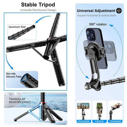 Magnetic Selfie Stick Tripod for iPhone, 51" Phone Tripod Stand Compatible with Magsafe Travel Tripod for iPhone Android Phones