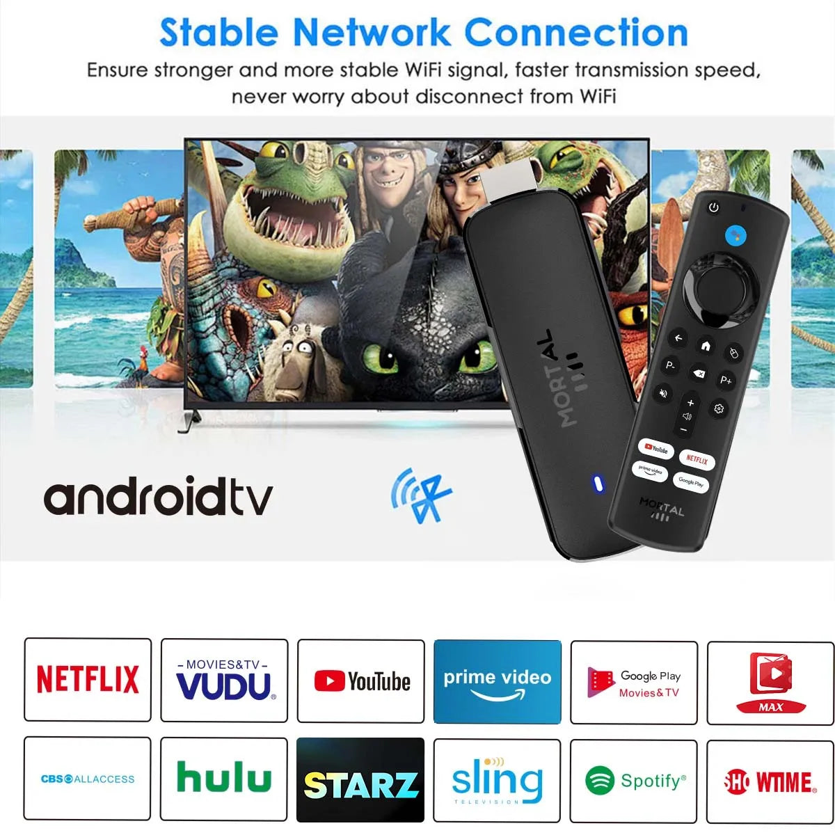 Mortal Q8 WIFI6 BT5.0 Google Voice Assistant AllwinnerH313 Android 14 Portable Android FireTV Stick Smart Streaming Media Player