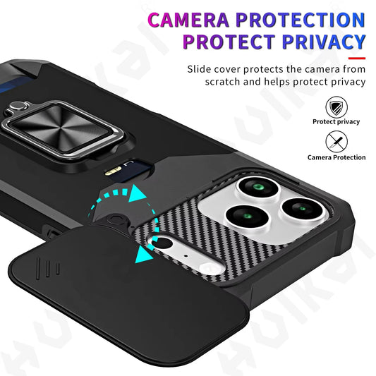 Case For iPhone 17 16 15 14 13 12 11  Pro Max XS Plus Slide Camera Card Holder Slot Duty Wallet Protective With Ring Stand Cover