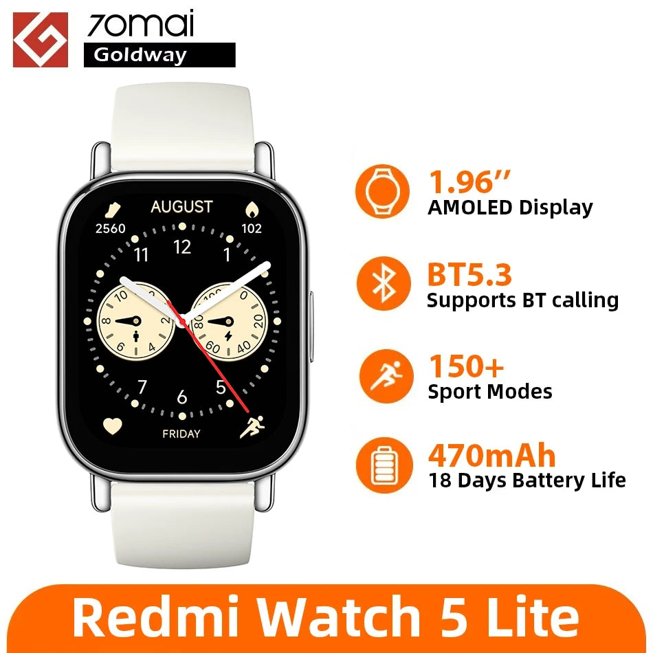 Global Version Xiaomi Redmi Watch 5 Lite 1.96'' AMOLED display 18-Day Battery life Bluetooth® calling Built-in GNSS 5ATM