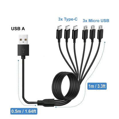 6 In 1 Micro USB/Type C Splitter Cable 3 in 1 USB to Micro USB/Type C Charing Cable For iPhone15 Android Samsung Tablet and More