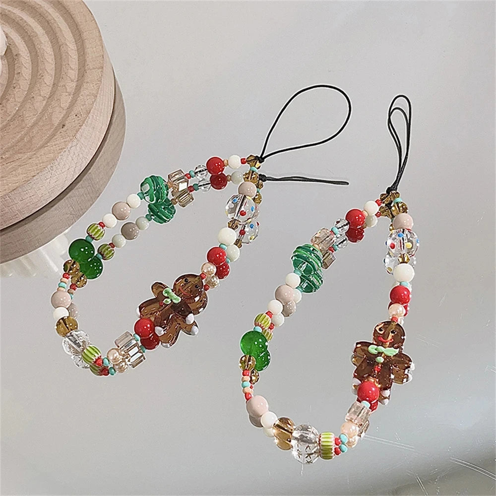 Korean Cute 3D Christmas Gingerbread Man Beaded Phone Acrylic Pendant Keychain For iPhone Girl Anti-Lost Chain Hanging Jewelry