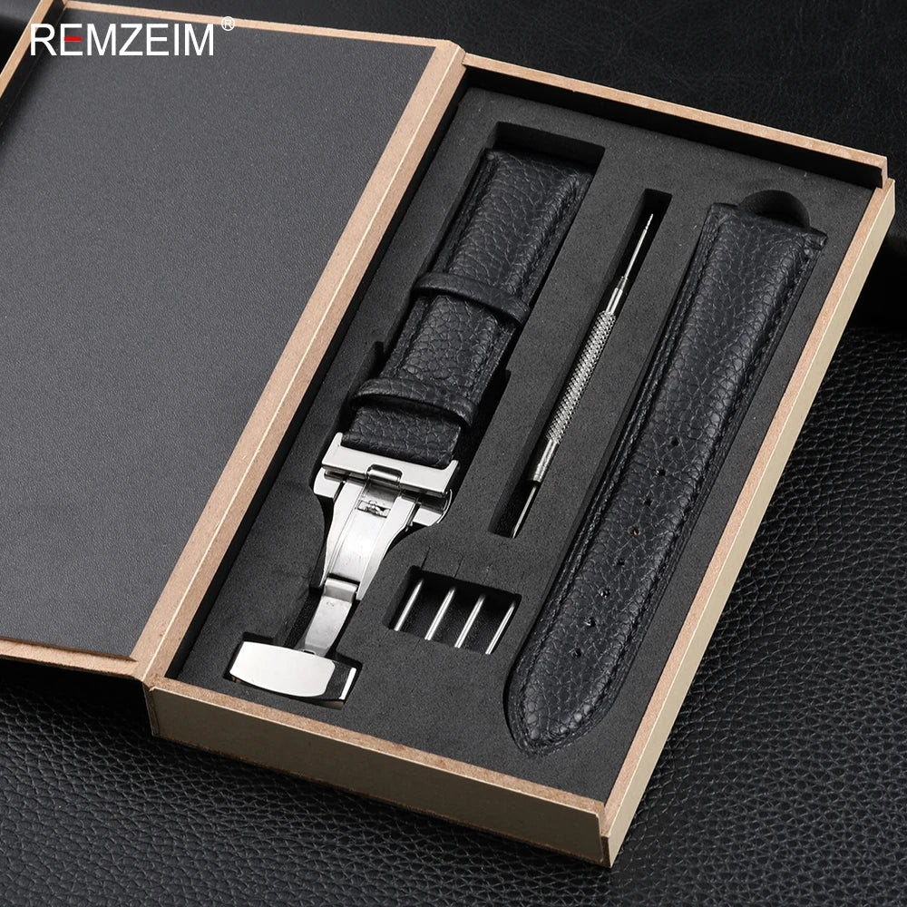 Litchi Pattern Design Leather Wrist Band 18mm 20mm 22mm Men Women Strap with Butterfly Buckle Gift Box Packaging Watchband