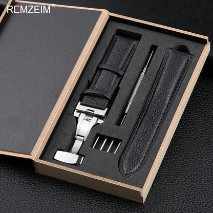 Litchi Pattern Design Leather Wrist Band 18mm 20mm 22mm Men Women Strap with Butterfly Buckle Gift Box Packaging Watchband
