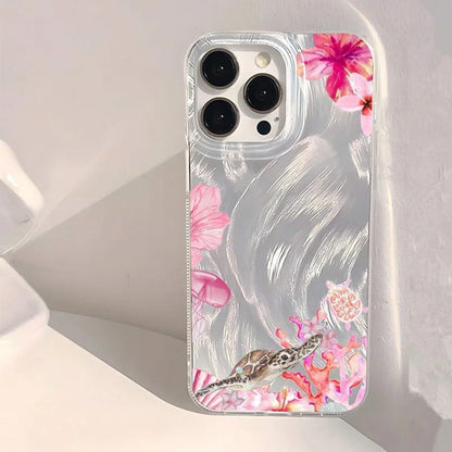 Summer Cool Turtle Pattern Phone Case for iPhone 16 16e 15 14 13 12 11 Pro Max X Xs XR XSMax 8 7 Plus Chiffon Texture Back Cover