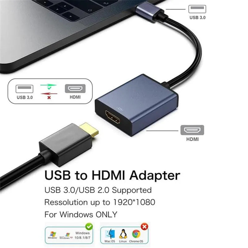 USB to HDMI Adapter HD 1080P USB 3.0 to HDMI-Compatible Converter External USB Adapter Video Adapter Cable for Desktop Laptop PC