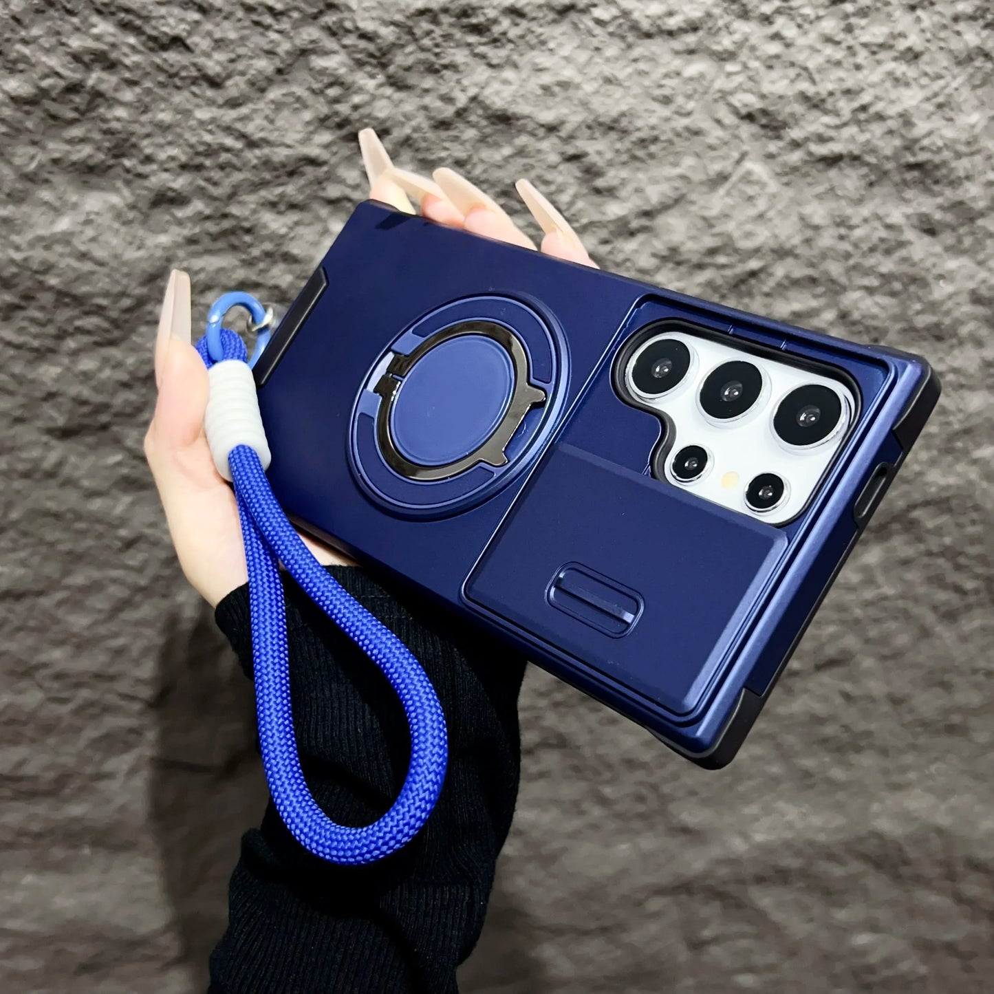 Armor Magnetic Bracket Case For Samsung Galaxy S25 S24 S23 S22 S21 Ultra Plus With Lanyard Slide Camera Protect Shockproof Cover