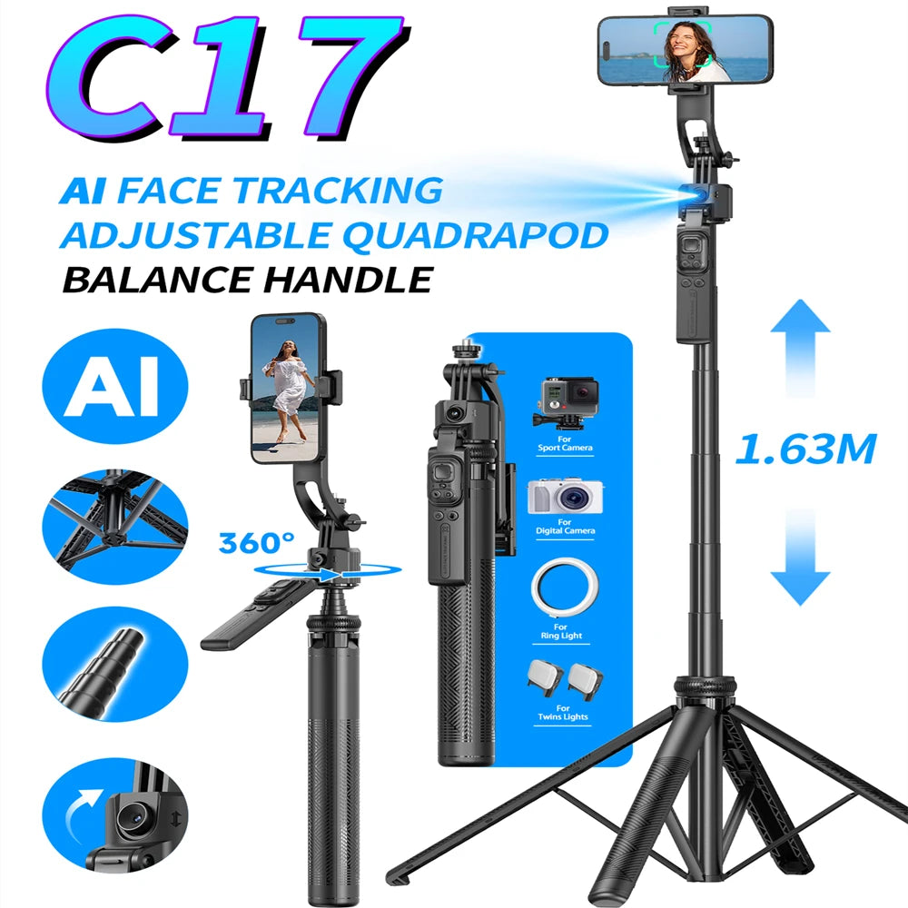 FGCLSY 5 in 1 Selfie Tripod Gimbal Stabilizer for Cell Phone 360°Auto-Rotation AI Tracking Shooting Quadrapod And Remote Control