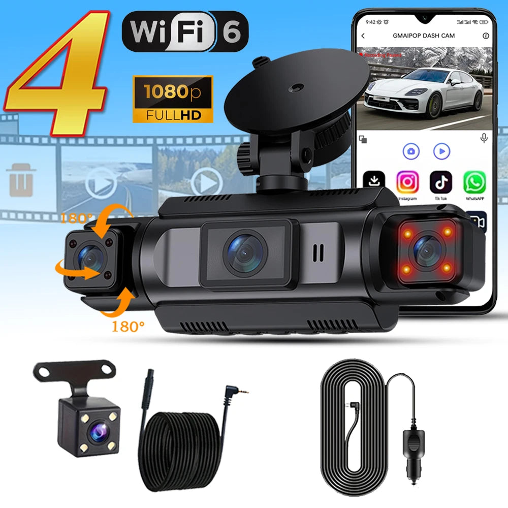 Car Dash Cam 4 Channel Black Box WiFi Driving Camera FHD 1080P Front Left Right Rear Night Vision Loop Recording add Hardwire ki