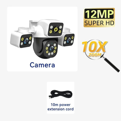 6K 12MP Outdoor WiFi Camera Three Screen Three Lens 10X Zoom PTZ Automatic Tracking Audible Visual Alarm Security Cam