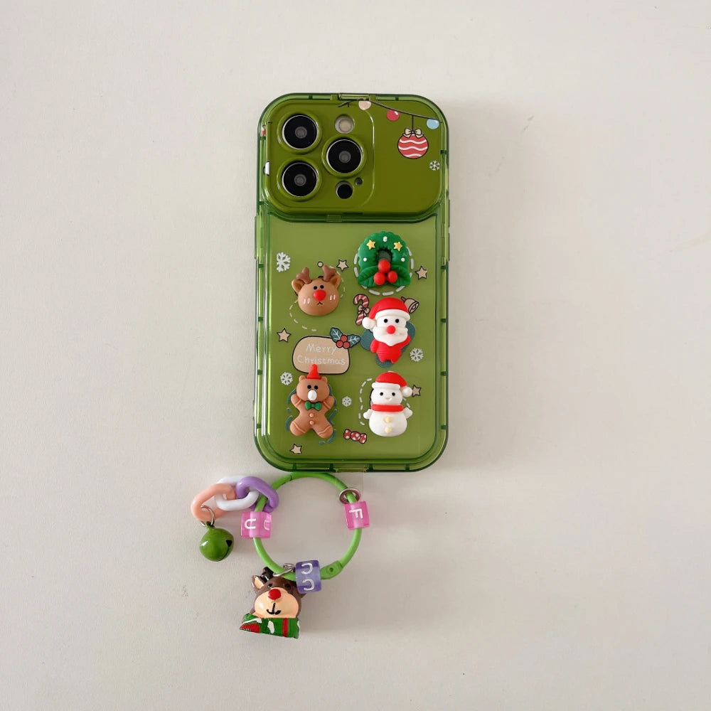 3D Christmas Stand Holder With Bell Pendant Phone Case For iPhone 17 16 15 14 13 12 11 Pro Max Plus Santa Claus Keychain Cover