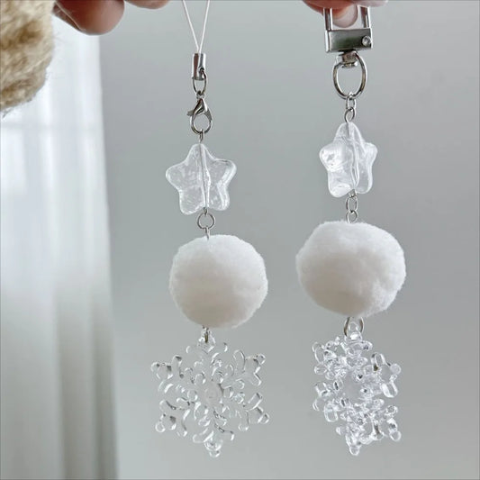 Christmas Mobile Phone Straps Clear Snowflower Fur Ball Keychains Winter Bead Cellphone Lanyard Camera Schoolbag Decor Jewelry