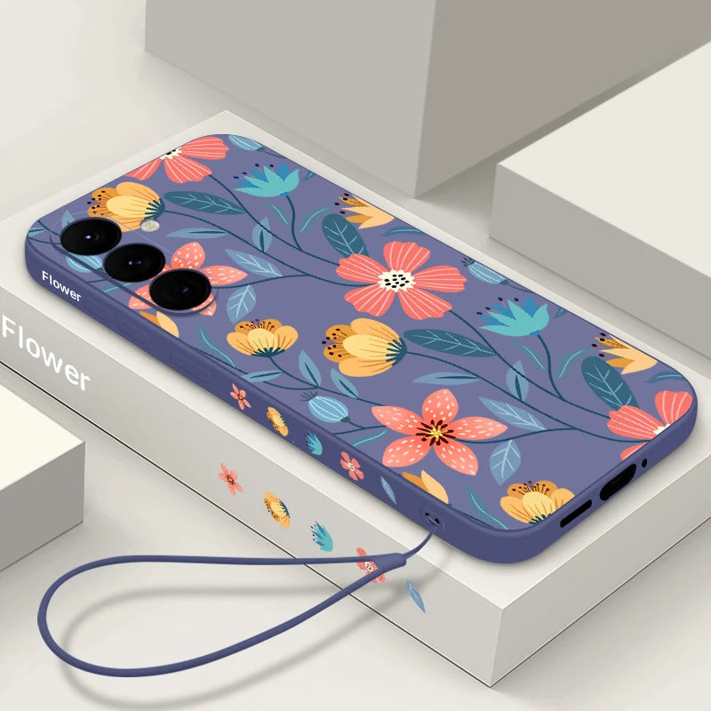 Colorful Flower Case For Samsung Galaxy S24 S23 S22 Ultra S21 S20 FE A56 A15 A35 A55 A52 A53 A54 5G S25 Silicone Lanyard Case