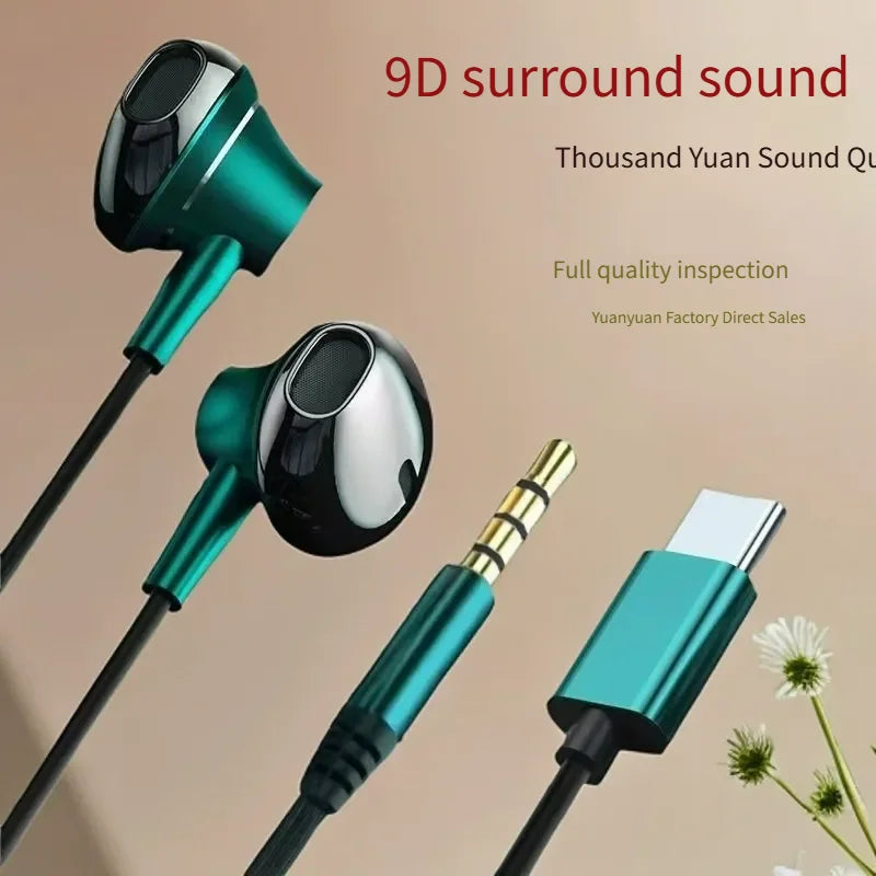 Type C&3.5mm Headphones Volume Control Headset With HD Mic Wired Earbuds For iPhone15/16 Samsung Galaxy Earphones