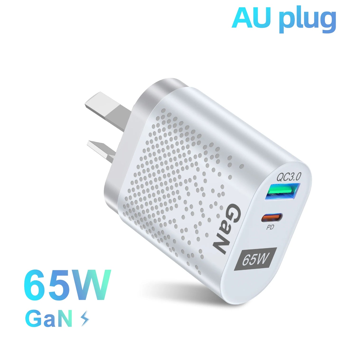 65W Gan Charger for Australia New Zealand AU Plug PD 33W Fast Charger QC 3.0 USB Adapter for iPhone 15 14 13 Pro Max Samsung S23