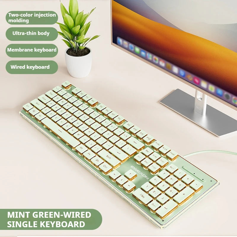 EWEADN V3 Gaming USB only Wired film Keyboard, 104 Keys Full Size All-Metal Panel, for Games and Office, Desktop, Laptop