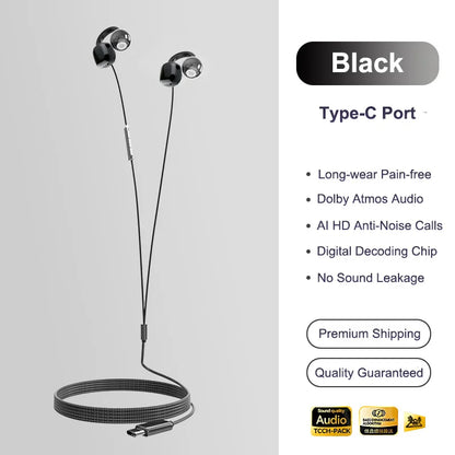 NEW Clip-on Type C&3.5mm Wired Headphones HIFI Sound Sports Earbuds Handfree Gaming Headsets With HD Mic Earphones For Samsung