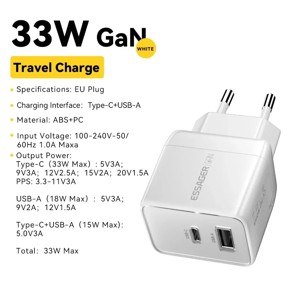 Essager GaN 33W USB Charger Fast Charger PD QC 3.0 USB C Charger Quick Charger For iPhone 14 13 Travel Charger for Samsung S21