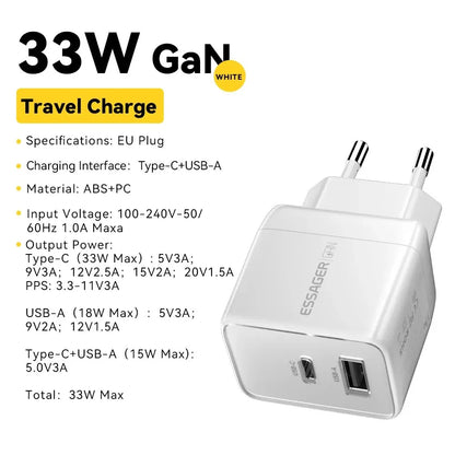 Essager GaN 33W USB Charger Fast Charger PD QC 3.0 USB C Charger Quick Charger For iPhone 14 13 Travel Charger for Samsung S21