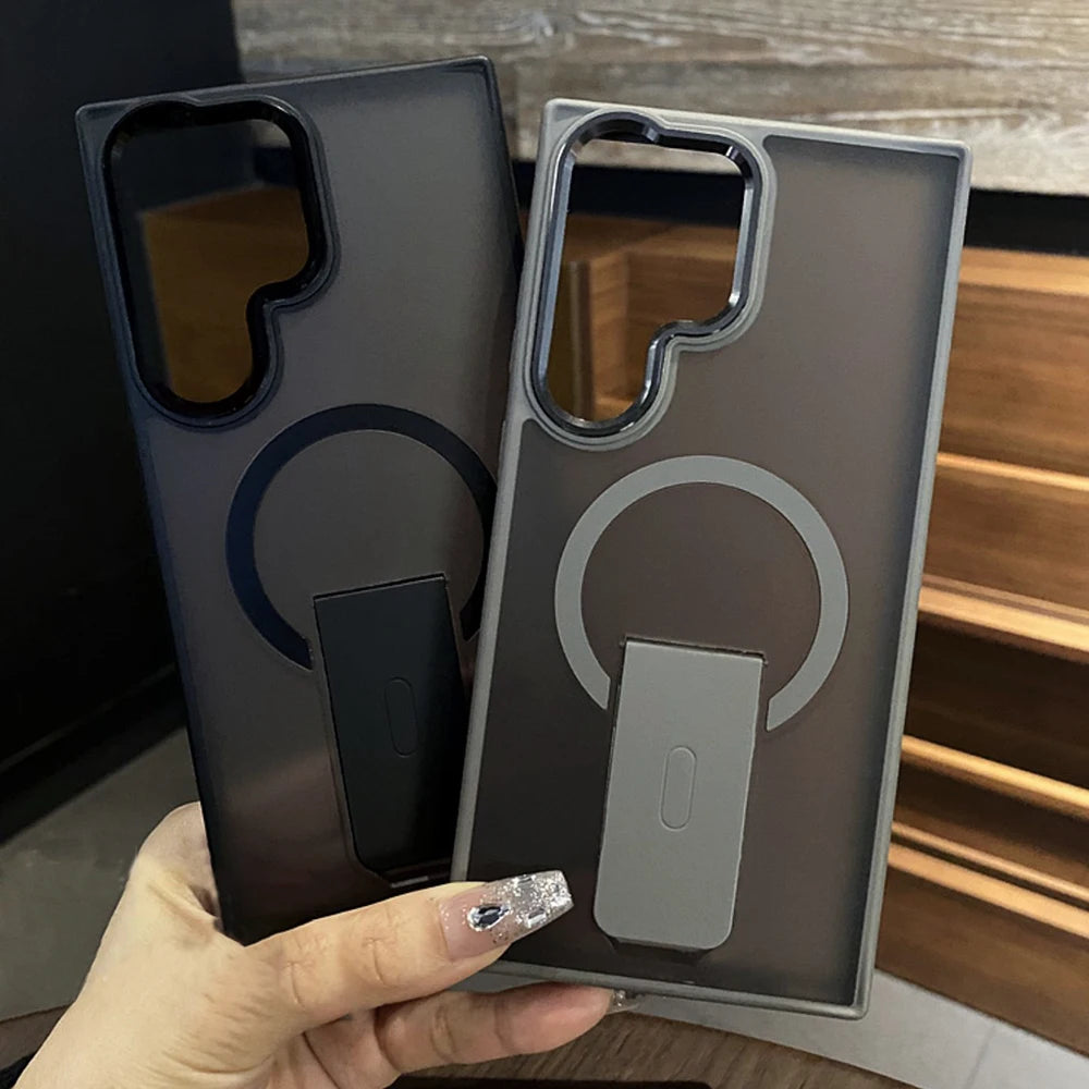 Luxury Magnetic Wireless Charge For Magsafe Case For Samsung Galaxy S25 S23 Ultra S24 Plus FE Folding Stand Holder Matte Cover