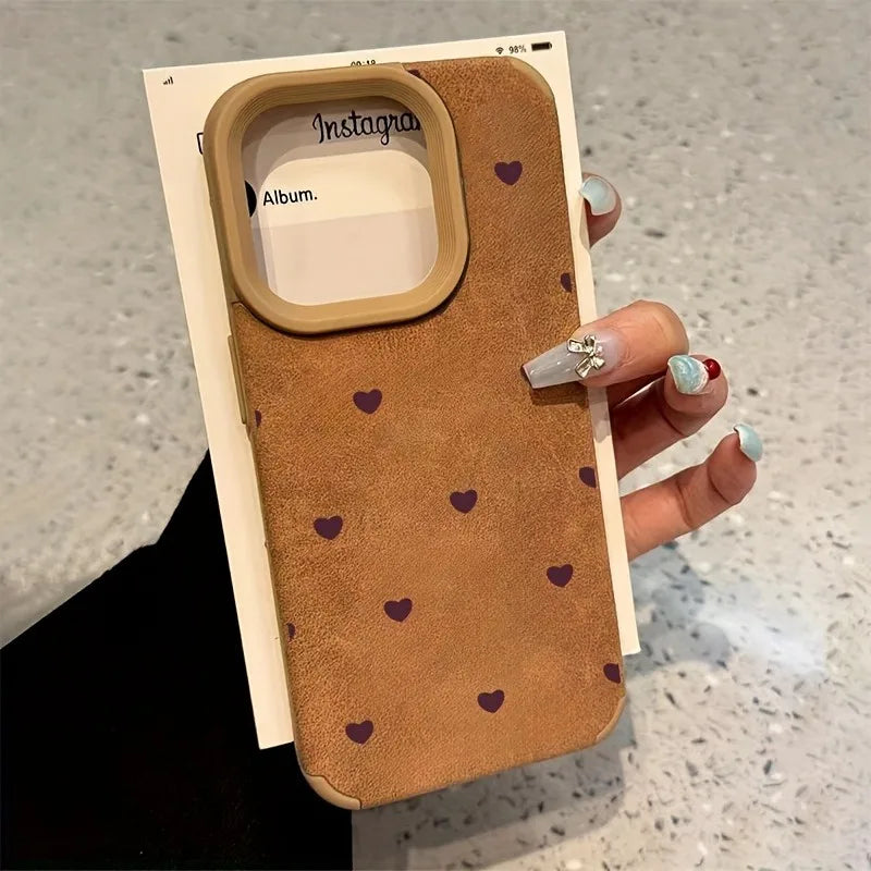 Small Love Heart Luxury Matte Lambskin Faux Leather Phone Case For iPhone 17 16 Pro Max 15 14 13 12 11 XS Max XR X 16 Plus Cover