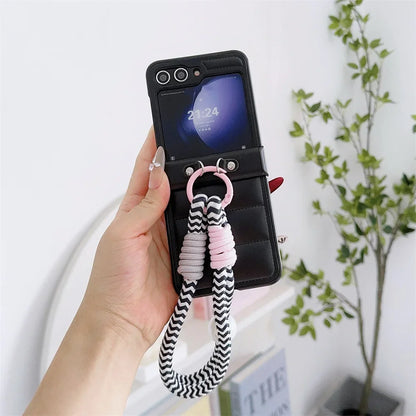 Down Jacket Style PU Leather Cover Wrist Strap Bracelet For Samsung Galaxy Z Flip 7 6 5 4 3 5G Hard Hinge Protective Phone Case