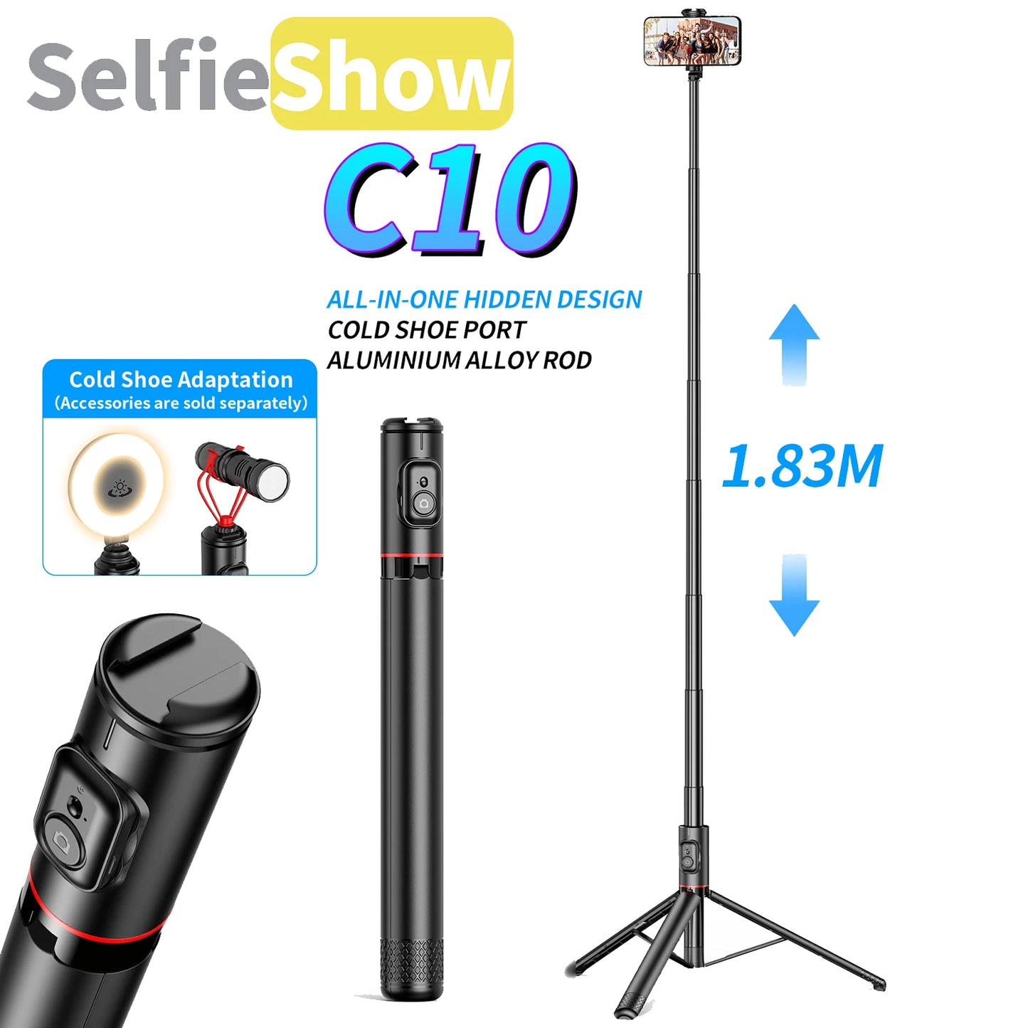 C10 Selfie Stick 72 Inch Aluminum Alloy with Wireless Bluetooth Remote Portable Phone Holder Tripod for iOS Android Cellphone