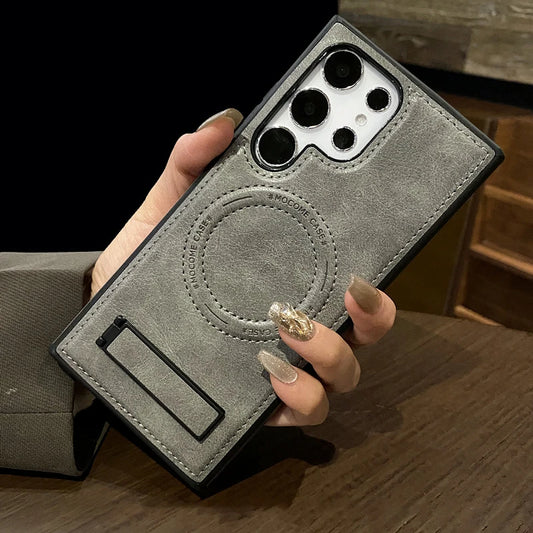 Luxury Leather Magnetic Fold Stand Holder Case For Samsung S25 S24 Ultra S23 Plus S22 Wireless Charging Shockproof Soft Cover