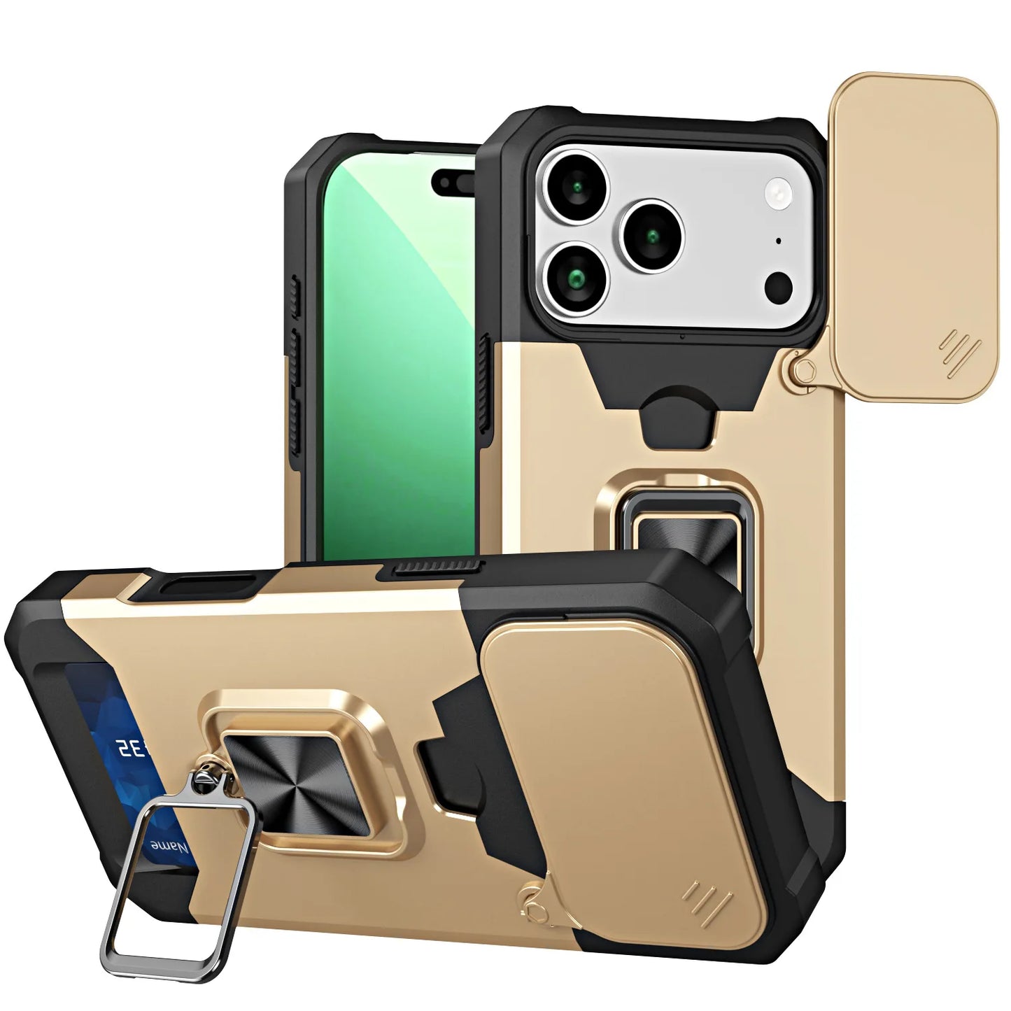 Case For iPhone 17 16 15 14 13 12 11  Pro Max XS Plus Slide Camera Card Holder Slot Duty Wallet Protective With Ring Stand Cover