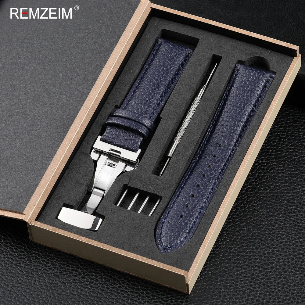 Litchi Pattern Design Leather Wrist Band 18mm 20mm 22mm Men Women Strap with Butterfly Buckle Gift Box Packaging Watchband
