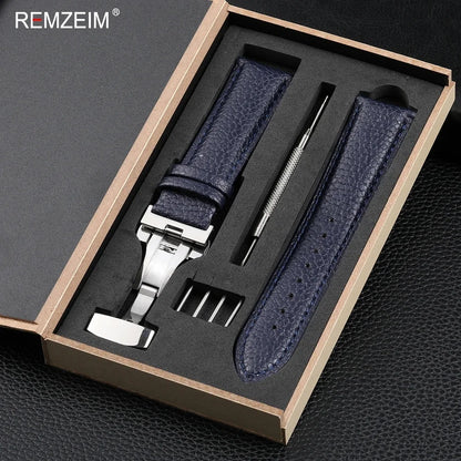 Litchi Pattern Design Leather Wrist Band 18mm 20mm 22mm Men Women Strap with Butterfly Buckle Gift Box Packaging Watchband