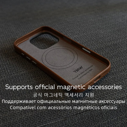 YMW Magnetic Genuine Leather Case for iPhone 17 16 Pro Max 15 14 Personality Horsehide Magnetic Phone Cover