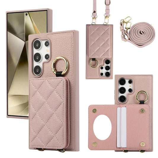 Crossbody Leather Phone Case for Samsung Galaxy S25 Ultra S24 FE S23 S22 Plus Mirror Wallet with Card Holder Protective Cover