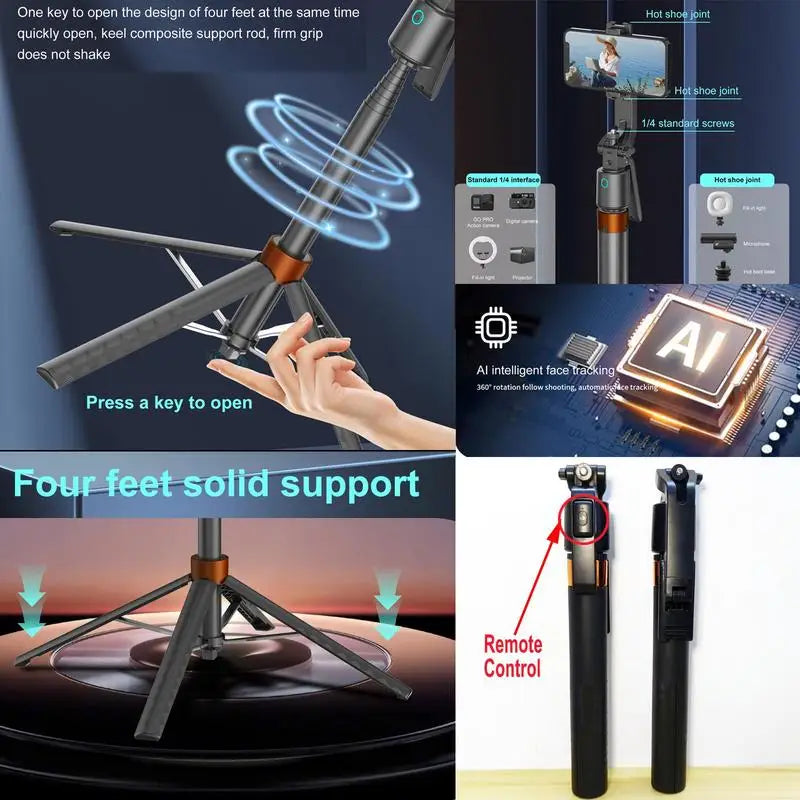 360°Rotatable Selfie Stick Tripod Rechargeable Smart Face Tracking Tripod with 2 Fill Light Phone Holder for Live Streaming Vlog